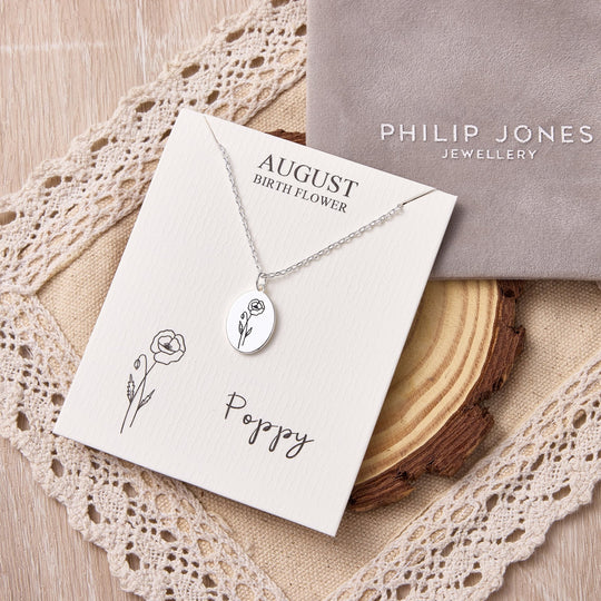 August Birth Flower Poppy Necklace with Card - Philip Jones Jewellery
