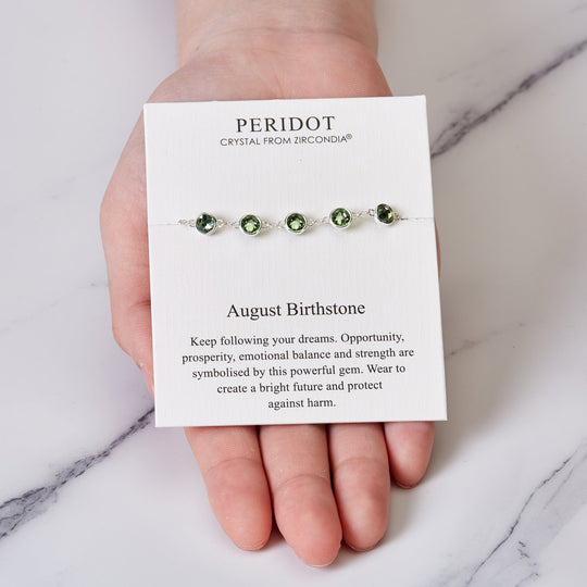 August Birthstone Bracelet Created with Peridot Zircondia® Crystals - Philip Jones Jewellery