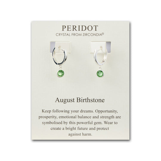 August Birthstone Hoop Earrings Created with Peridot Zircondia® Crystals - Philip Jones Jewellery
