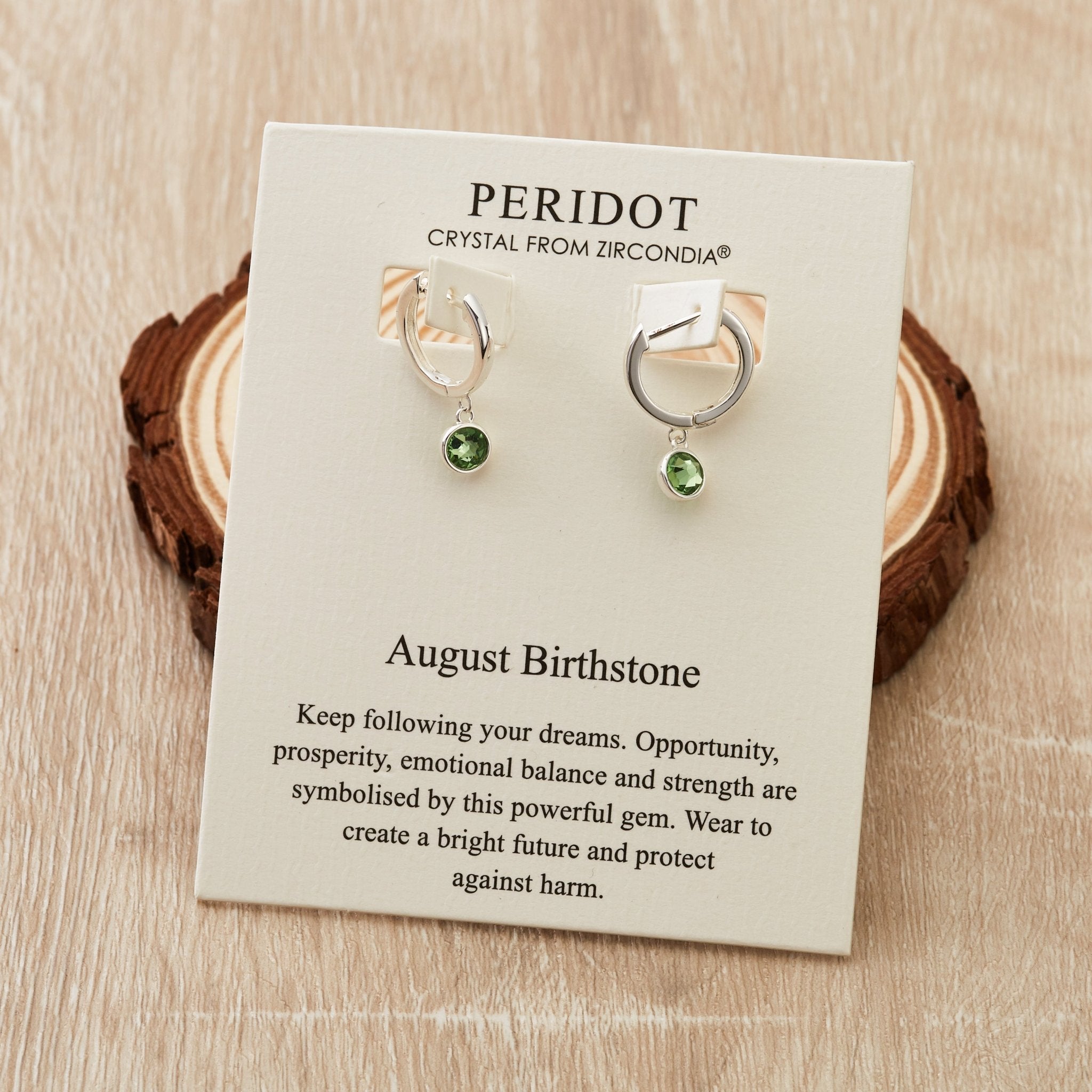 August Birthstone Hoop Earrings Created with Peridot Zircondia® Crystals - Philip Jones Jewellery