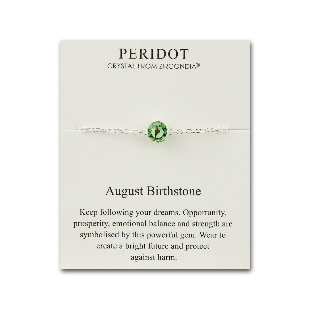 August (Peridot) Birthstone Anklet Created with Zircondia® Crystals - Philip Jones Jewellery