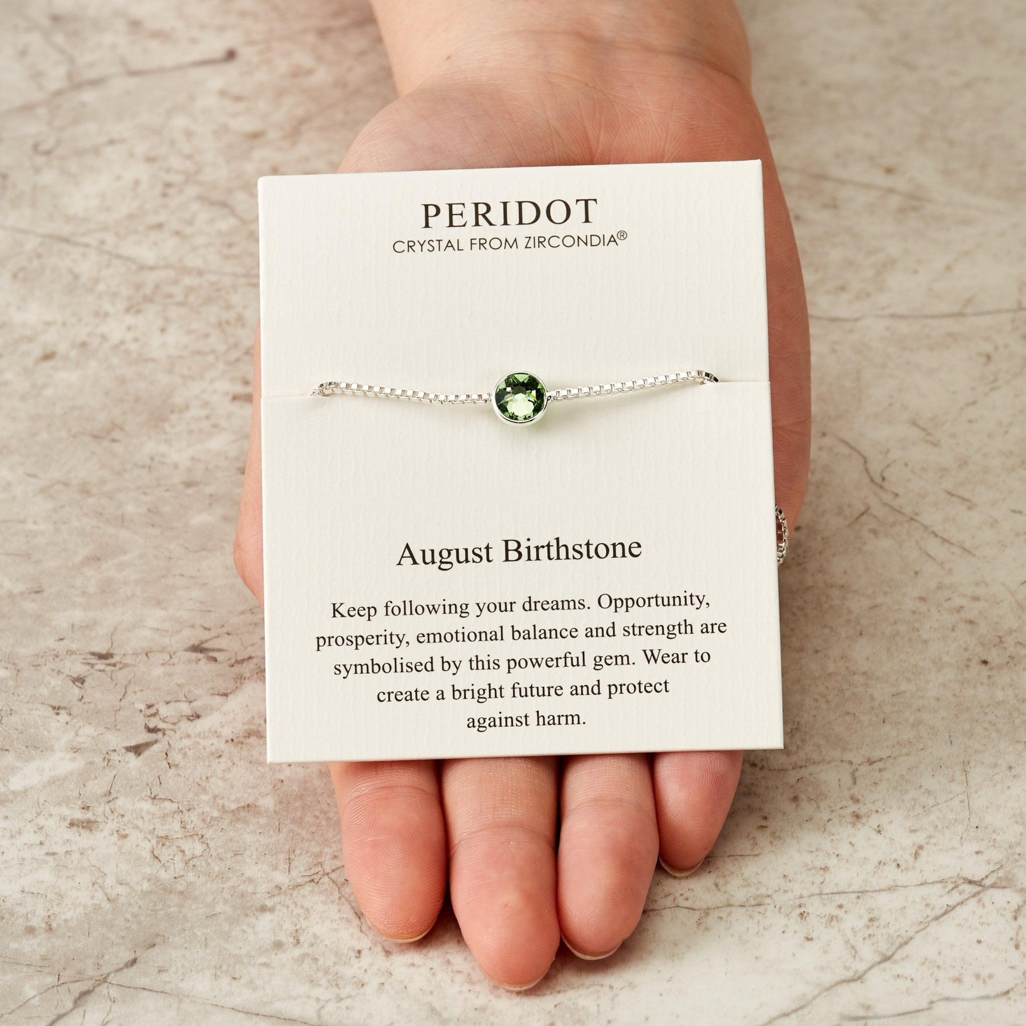 August (Peridot) Birthstone Bracelet Created with Zircondia® Crystals - Philip Jones Jewellery