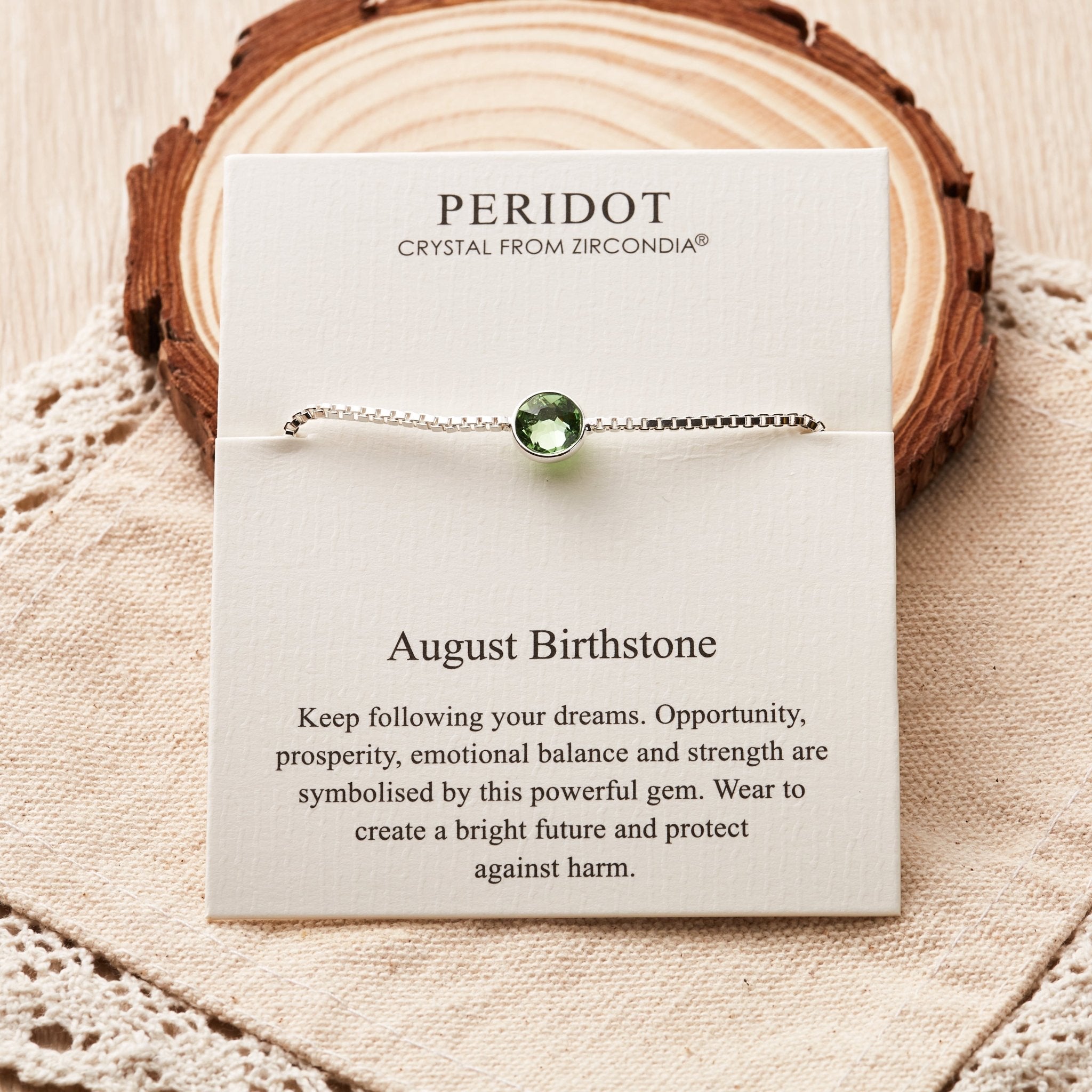 August (Peridot) Birthstone Bracelet Created with Zircondia® Crystals - Philip Jones Jewellery