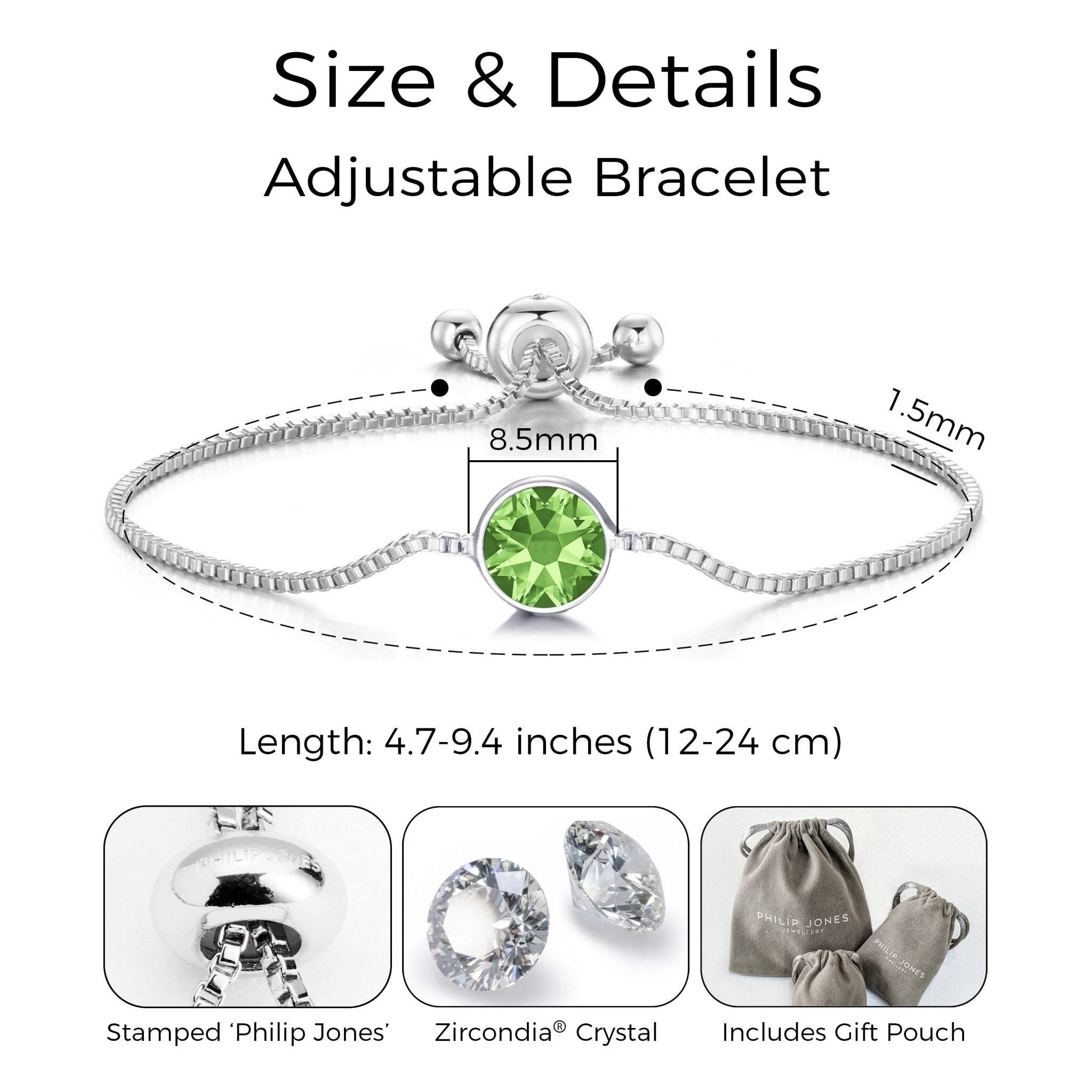 August (Peridot) Birthstone Bracelet Created with Zircondia® Crystals - Philip Jones Jewellery