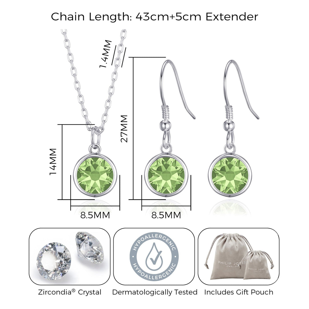 August (Peridot) Birthstone Necklace & Drop Earrings Set Created with Zircondia® Crystals - Philip Jones Jewellery
