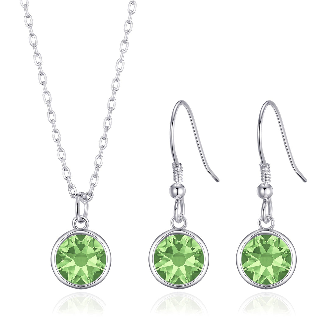 August (Peridot) Birthstone Necklace & Drop Earrings Set Created with Zircondia® Crystals - Philip Jones Jewellery