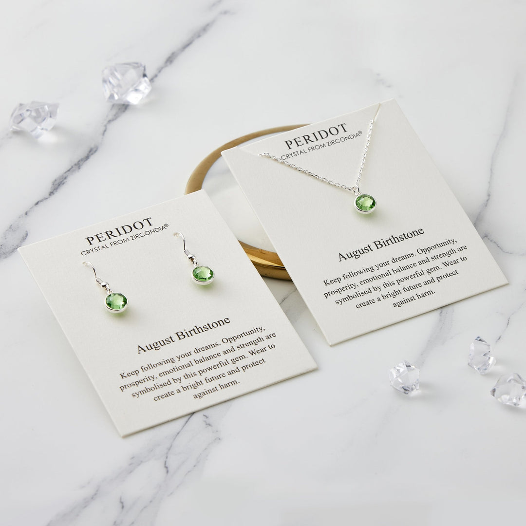 August (Peridot) Birthstone Necklace & Drop Earrings Set Created with Zircondia® Crystals - Philip Jones Jewellery