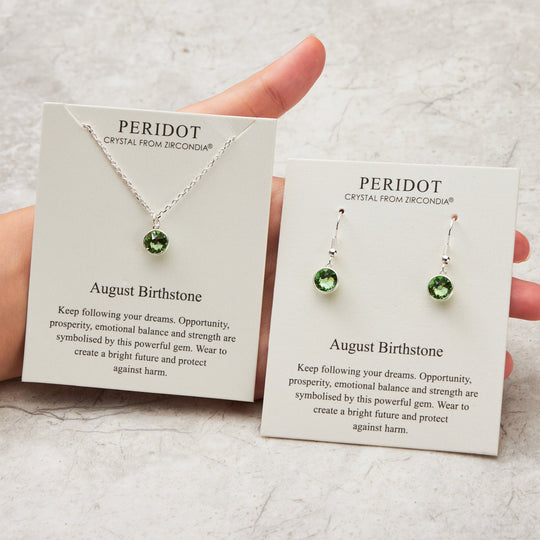 August (Peridot) Birthstone Necklace & Drop Earrings Set Created with Zircondia® Crystals - Philip Jones Jewellery