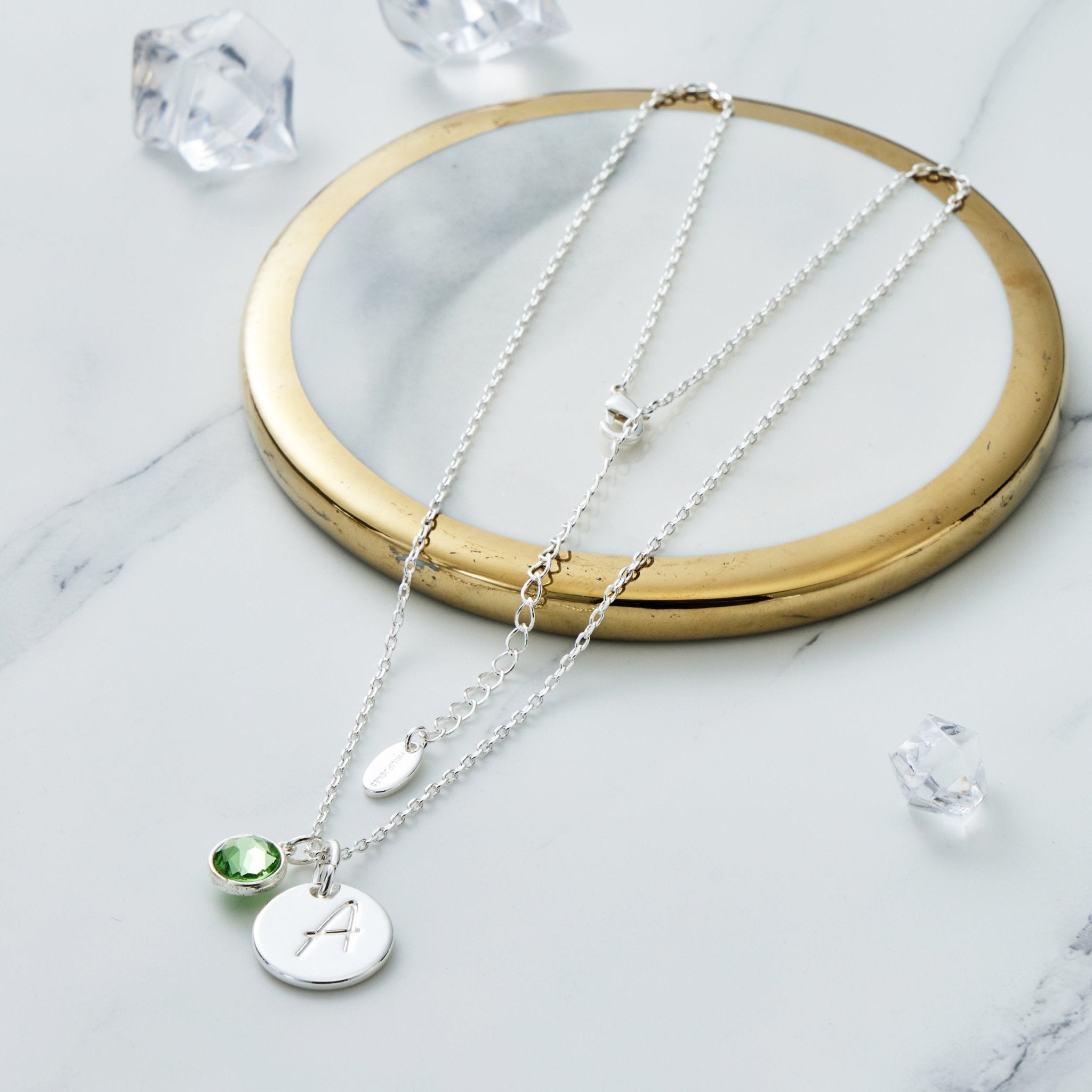 August (Peridot) Birthstone Necklace with Initial Charm (A to Z) Created with Zircondia® Crystals - Philip Jones Jewellery