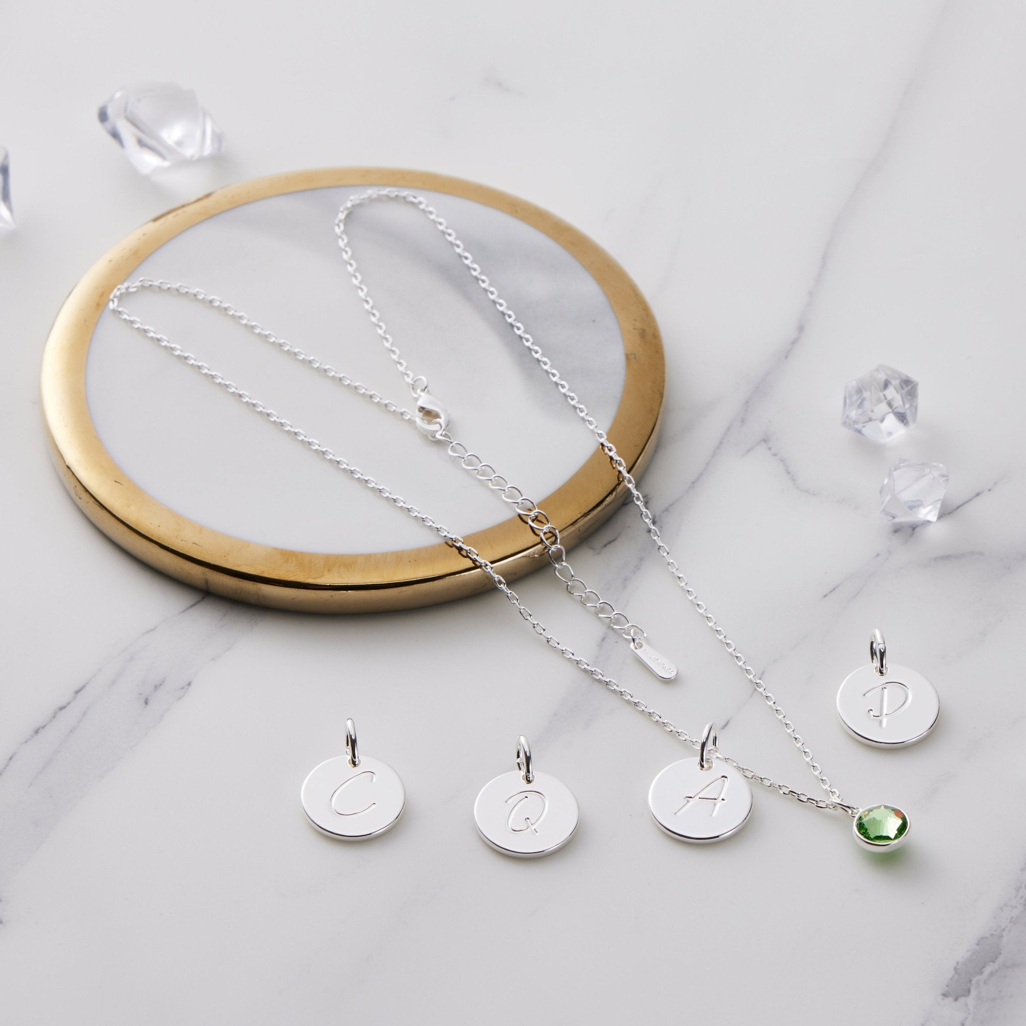 August (Peridot) Birthstone Necklace with Initial Charm (A to Z) Created with Zircondia® Crystals - Philip Jones Jewellery