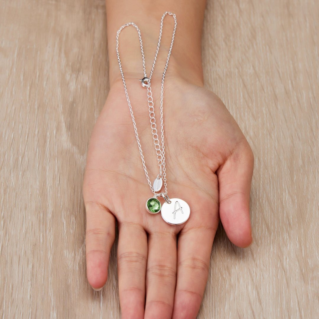 August (Peridot) Birthstone Necklace with Initial Charm (A to Z) Created with Zircondia® Crystals - Philip Jones Jewellery