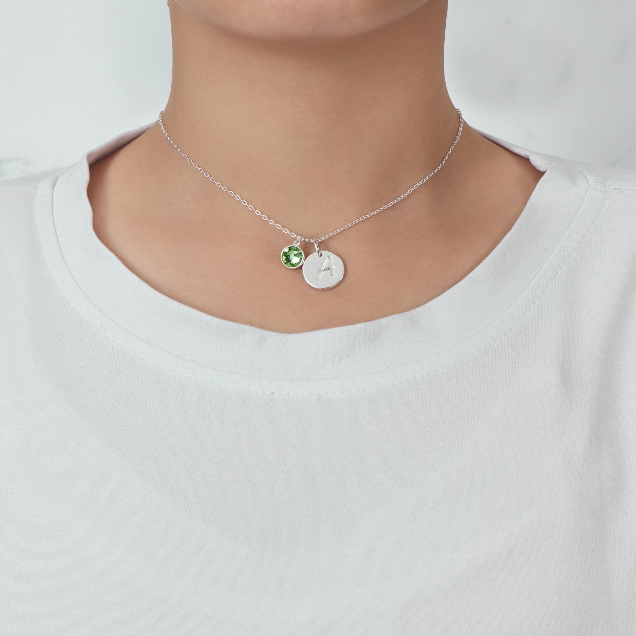 August (Peridot) Birthstone Necklace with Initial Charm (A to Z) Created with Zircondia® Crystals - Philip Jones Jewellery