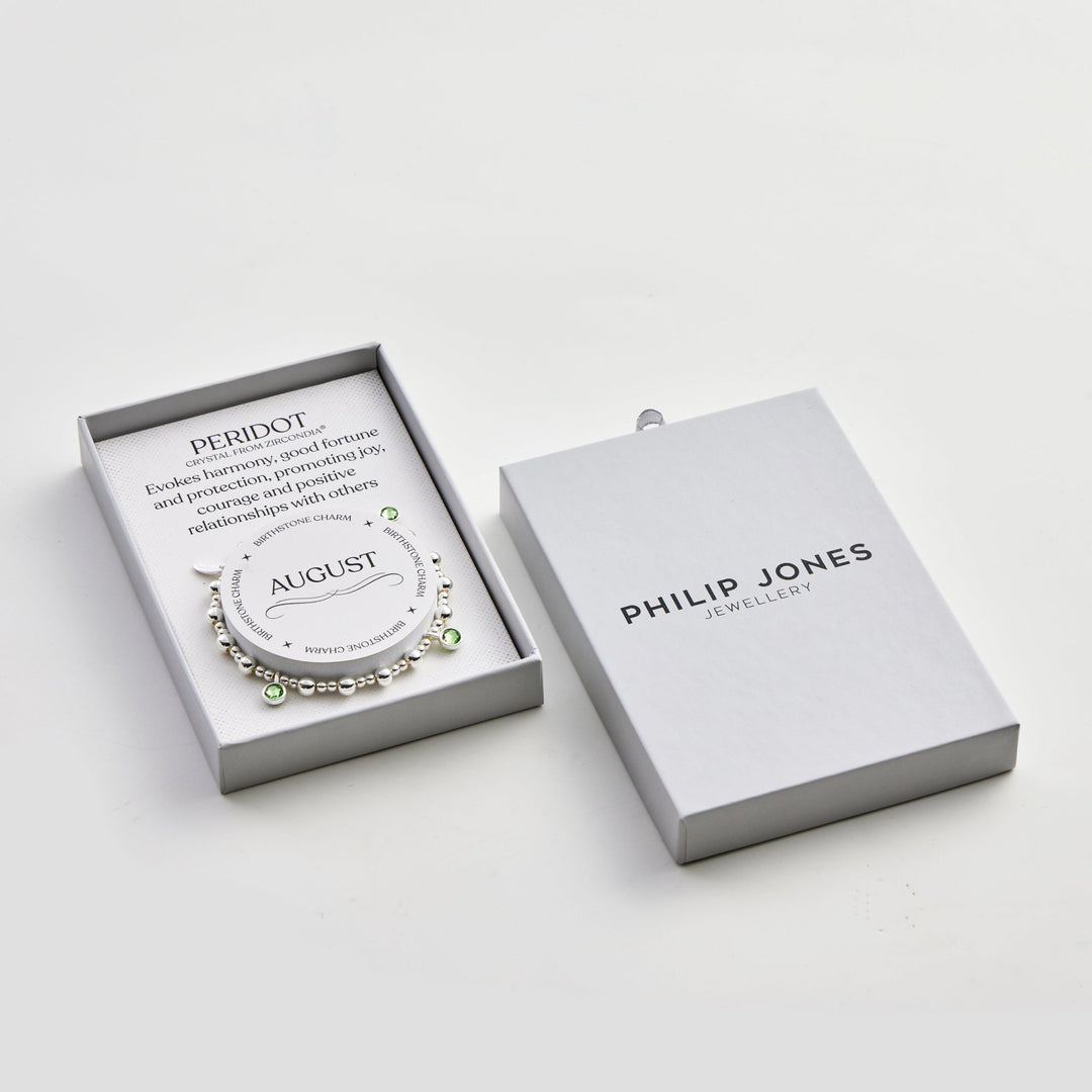 August (Peridot) Birthstone Stretch Charm Bracelet with Quote Gift Box - Philip Jones Jewellery