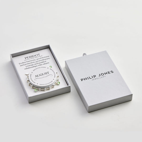 August (Peridot) Birthstone Stretch Charm Bracelet with Quote Gift Box - Philip Jones Jewellery