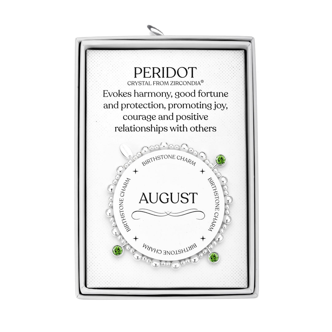 August (Peridot) Birthstone Stretch Charm Bracelet with Quote Gift Box - Philip Jones Jewellery