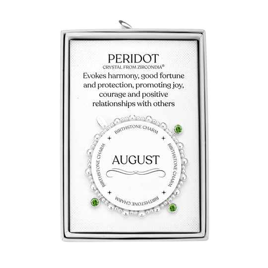 August (Peridot) Birthstone Stretch Charm Bracelet with Quote Gift Box - Philip Jones Jewellery