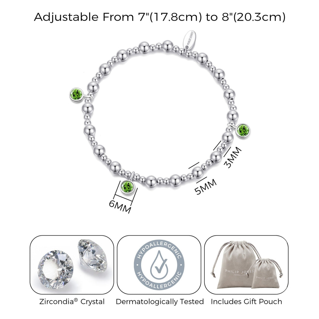 August (Peridot) Birthstone Stretch Charm Bracelet with Quote Gift Box - Philip Jones Jewellery