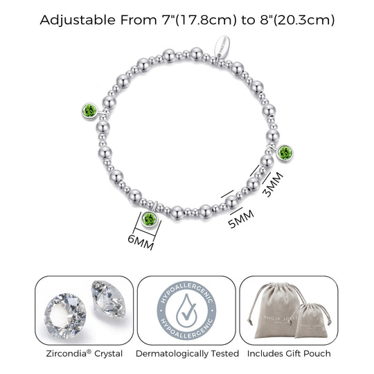 August (Peridot) Birthstone Stretch Charm Bracelet with Quote Gift Box - Philip Jones Jewellery