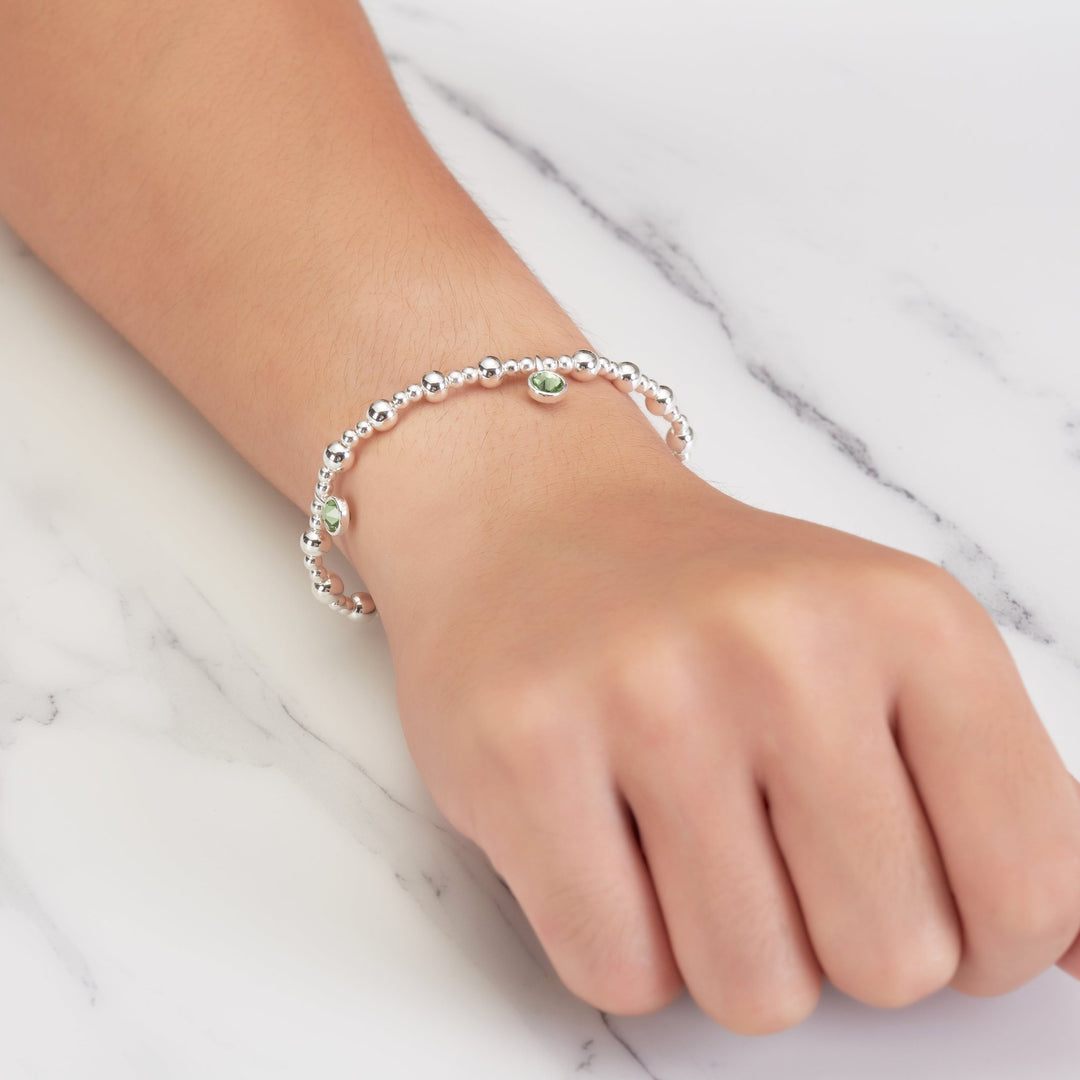 August (Peridot) Birthstone Stretch Charm Bracelet with Quote Gift Box - Philip Jones Jewellery