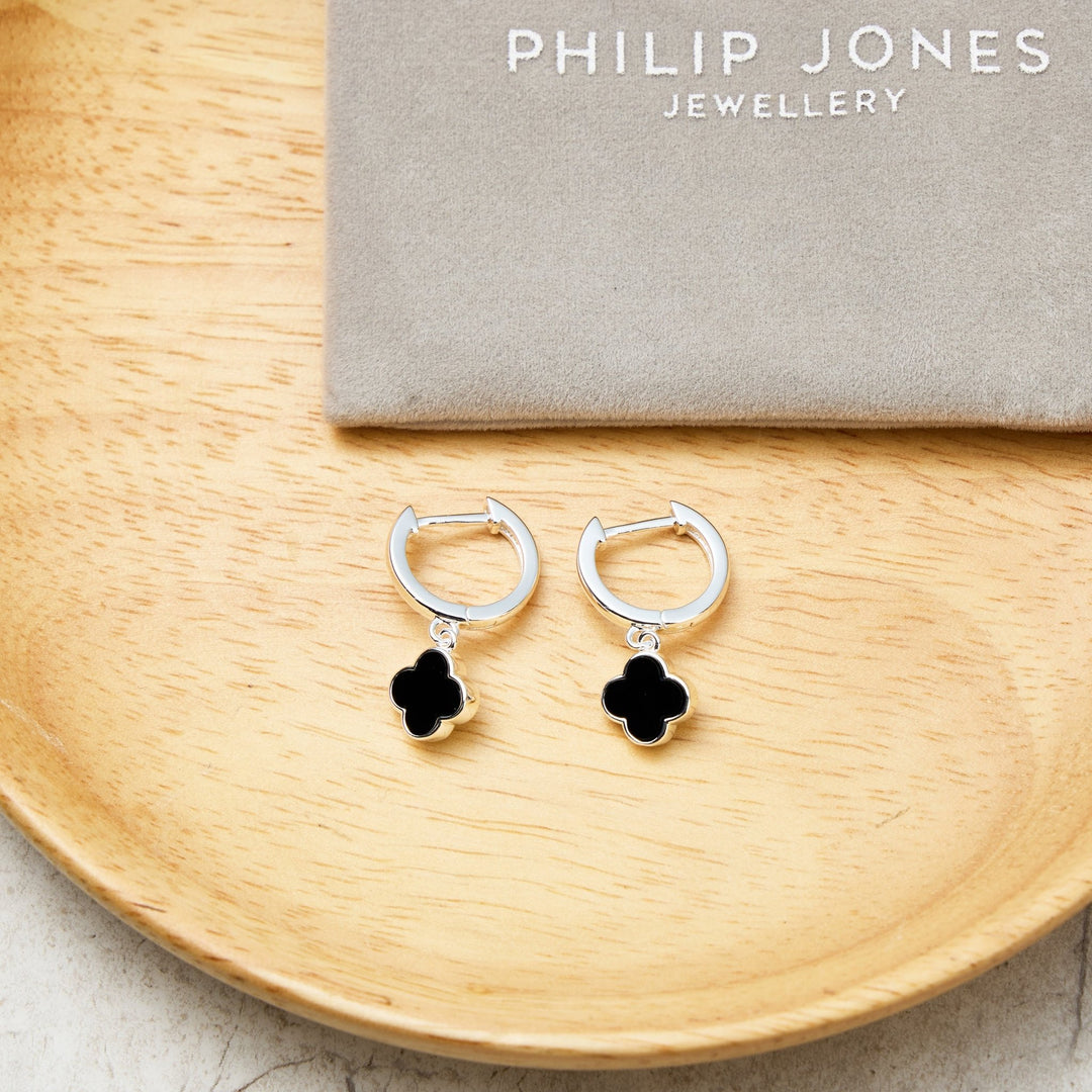Black Onyx Gemstone Clover Charm Hoop Earrings - Philip Jones Jewellery