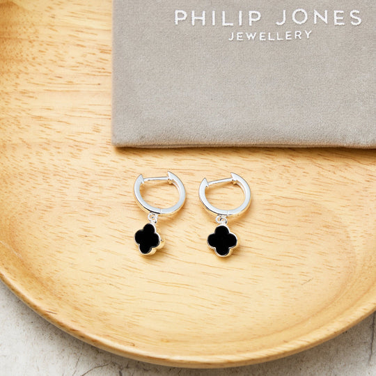 Black Onyx Gemstone Clover Charm Hoop Earrings - Philip Jones Jewellery