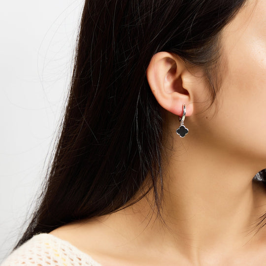 Black Onyx Gemstone Clover Charm Hoop Earrings - Philip Jones Jewellery