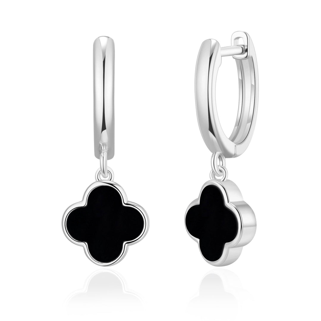 Black Onyx Gemstone Clover Charm Hoop Earrings - Philip Jones Jewellery