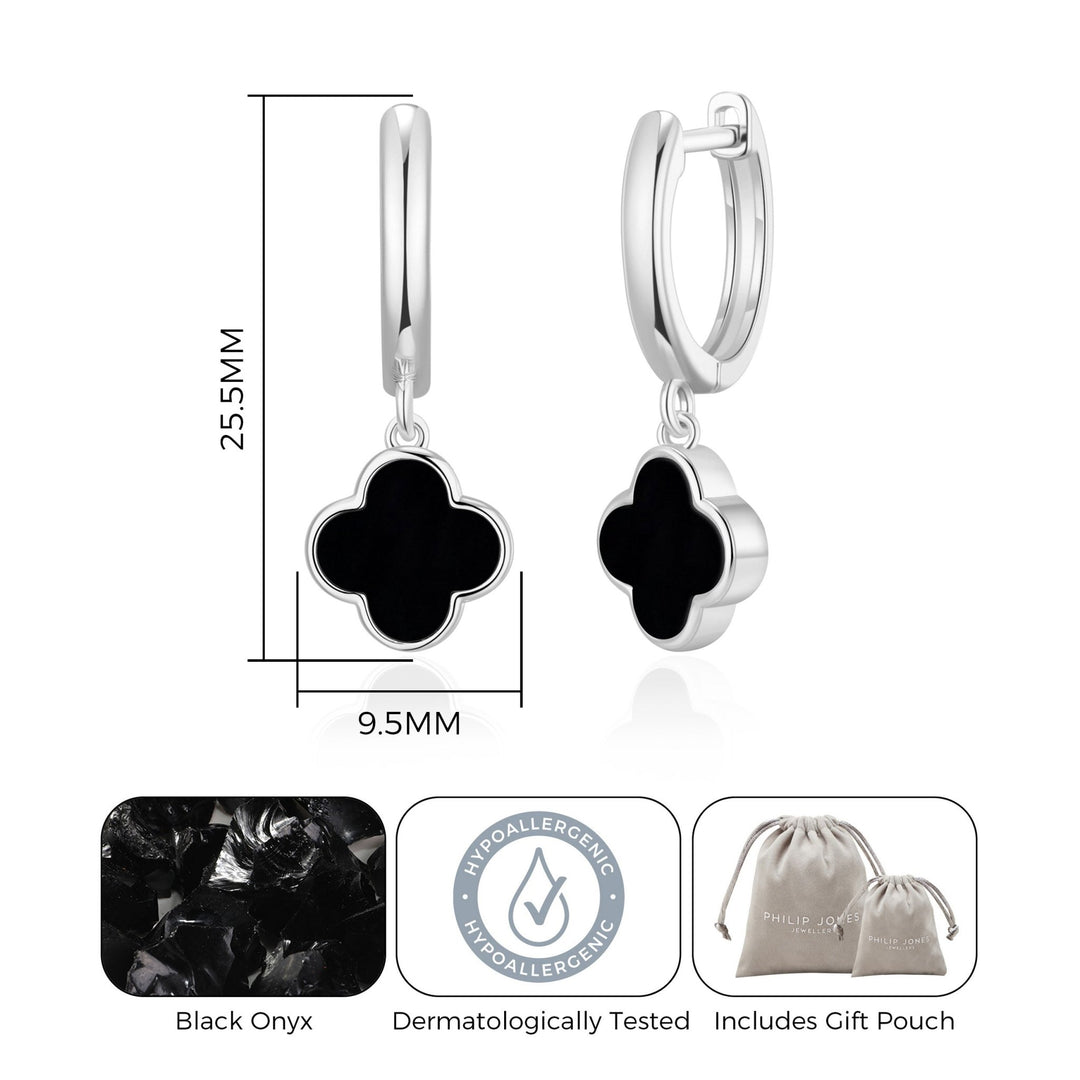 Black Onyx Gemstone Clover Charm Hoop Earrings - Philip Jones Jewellery