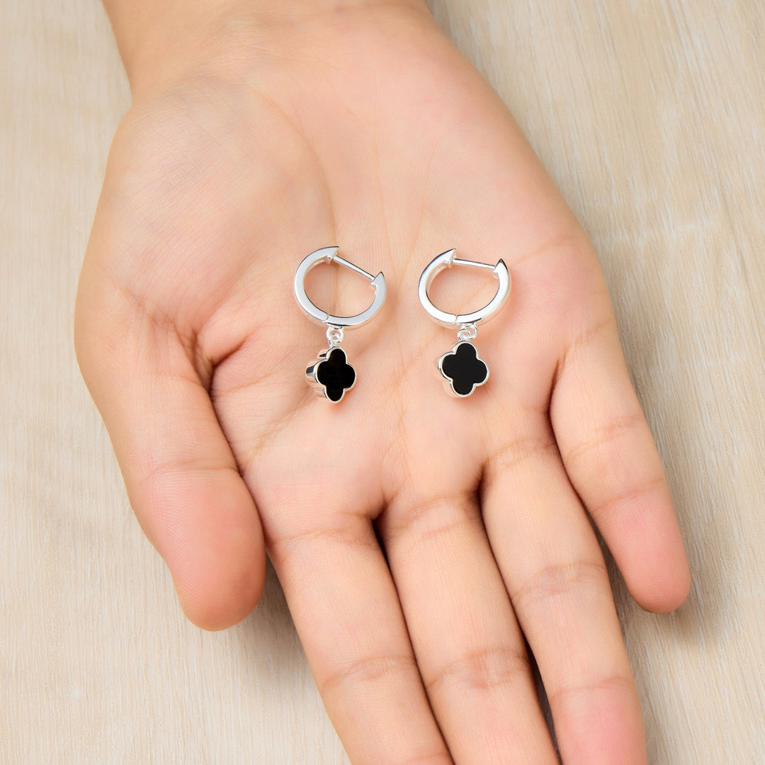 Black Onyx Gemstone Clover Charm Hoop Earrings - Philip Jones Jewellery