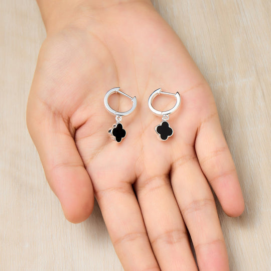 Black Onyx Gemstone Clover Charm Hoop Earrings - Philip Jones Jewellery