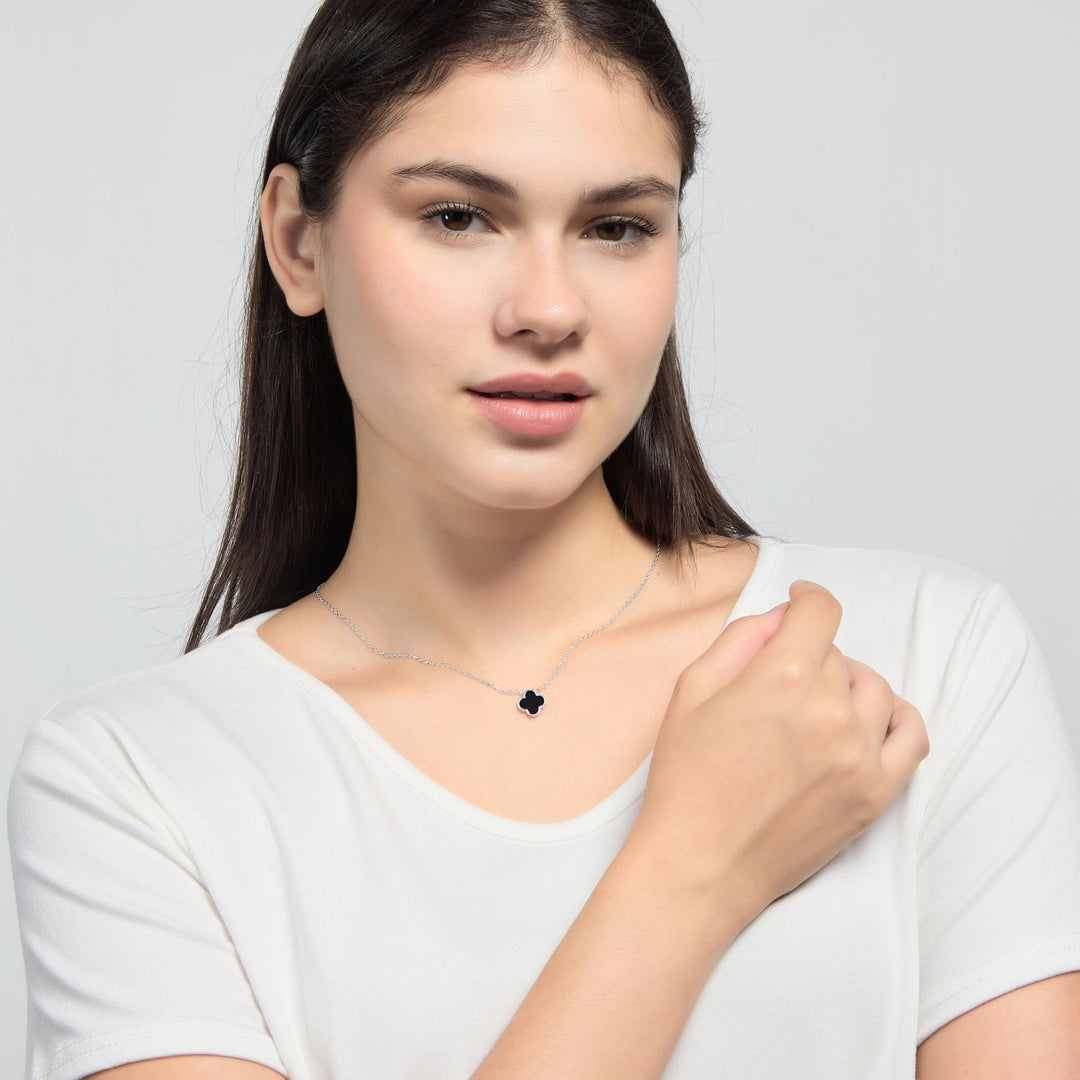 Black Onyx Gemstone Clover Necklace