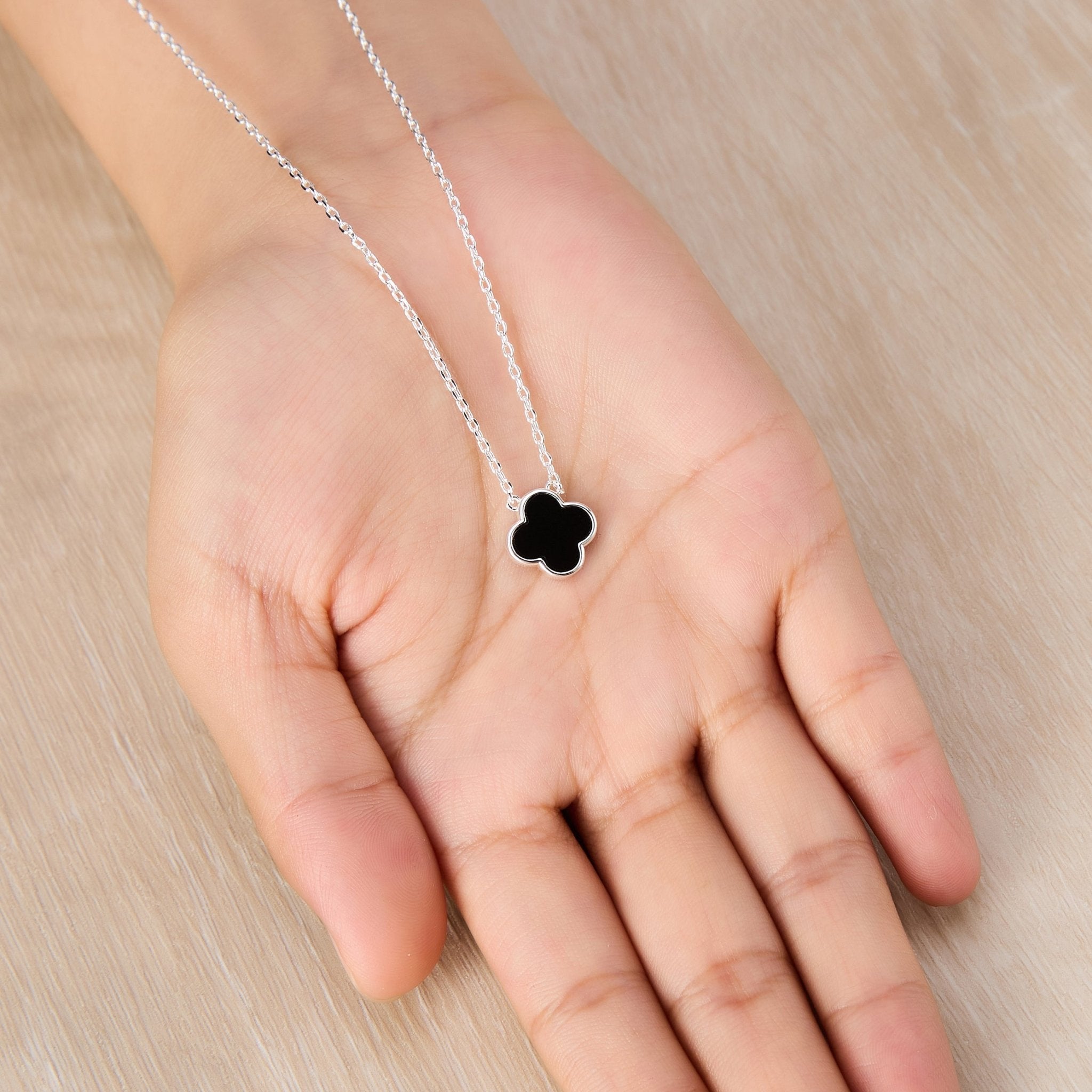 Black Onyx Gemstone Clover Necklace - Philip Jones Jewellery