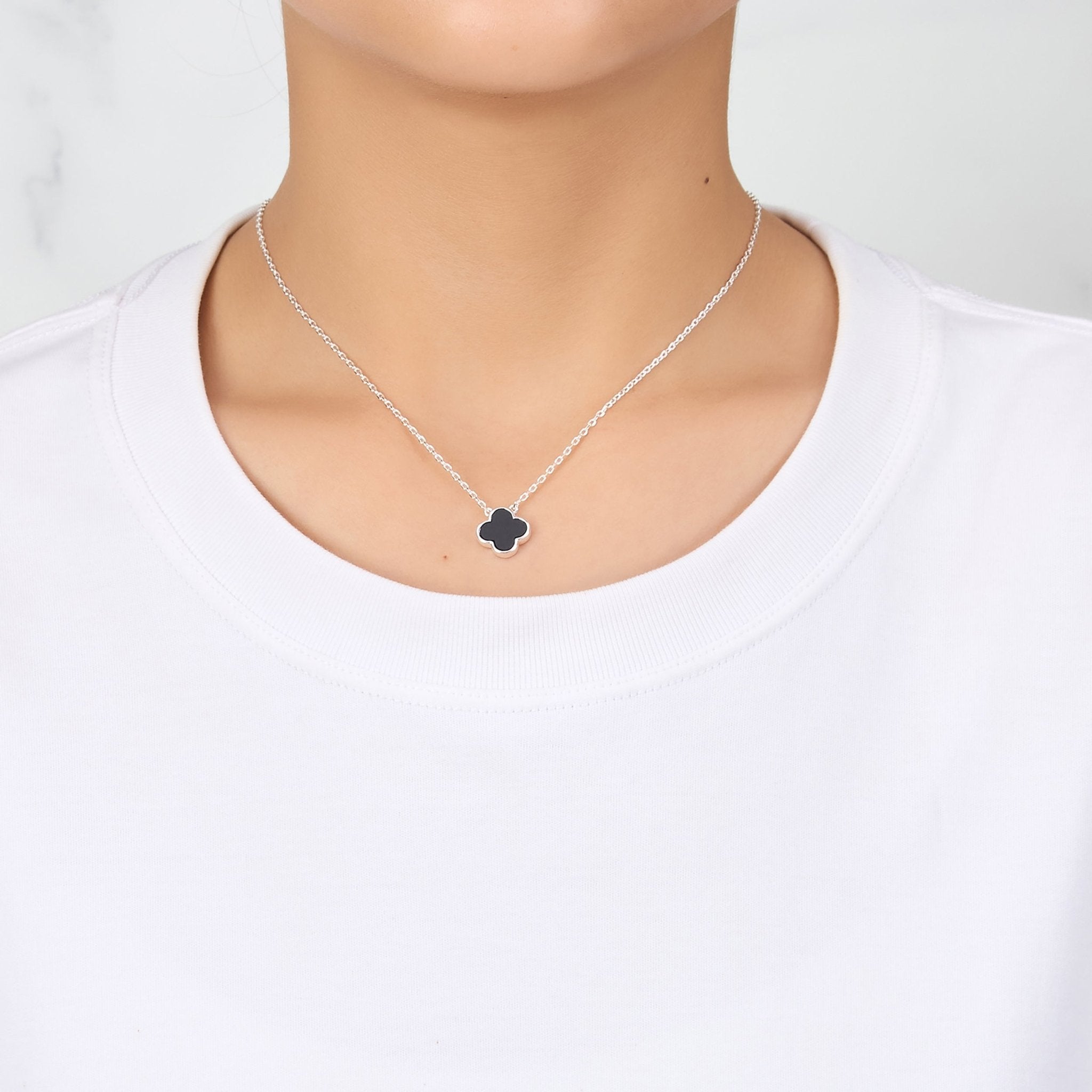 Black Onyx Gemstone Clover Necklace - Philip Jones Jewellery