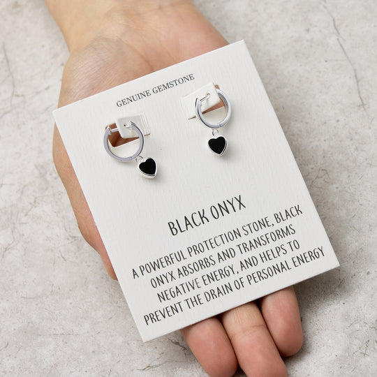 Black Onyx Gemstone Heart Charm Hoop Earrings with Quote Card - Philip Jones Jewellery