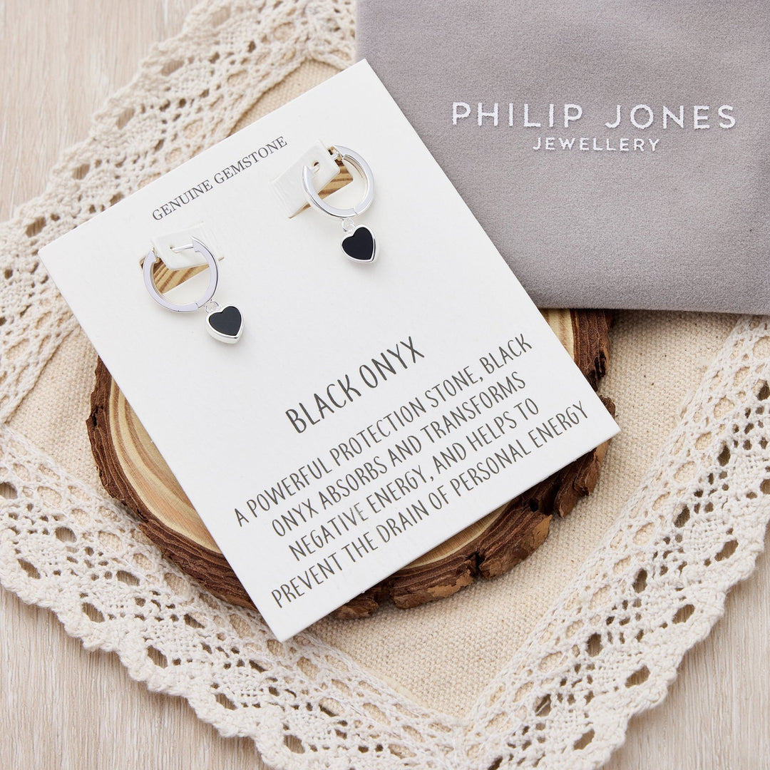 Black Onyx Gemstone Heart Charm Hoop Earrings with Quote Card - Philip Jones Jewellery