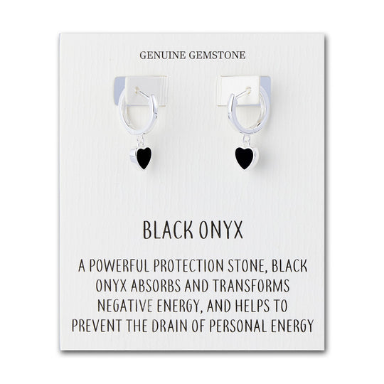 Black Onyx Gemstone Heart Charm Hoop Earrings with Quote Card - Philip Jones Jewellery