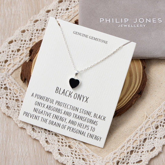 Black Onyx Gemstone Heart Necklace with Quote Card - Philip Jones Jewellery