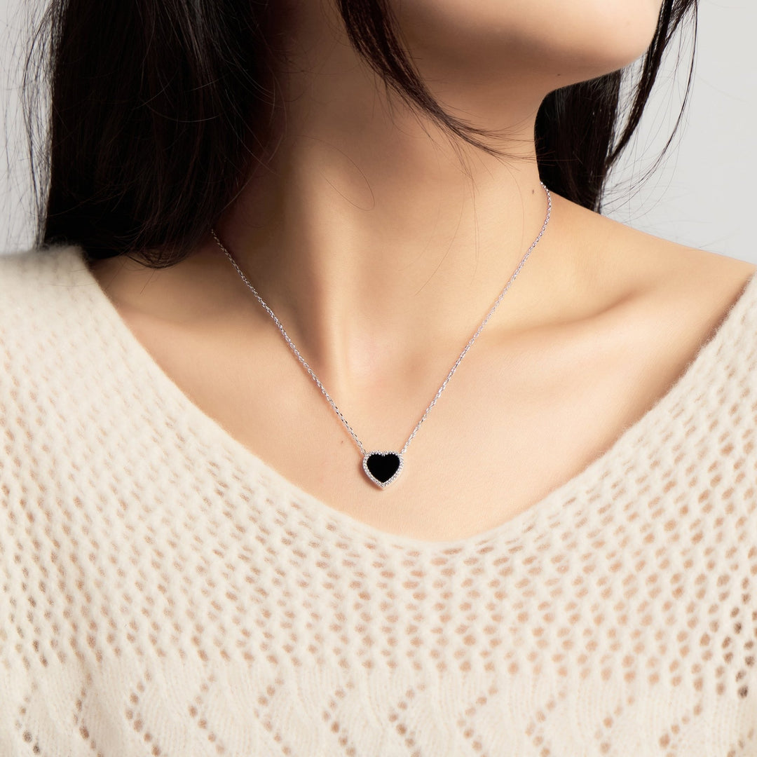 Black Onyx Gemstone Heart Necklace with Zircondia® Crystals