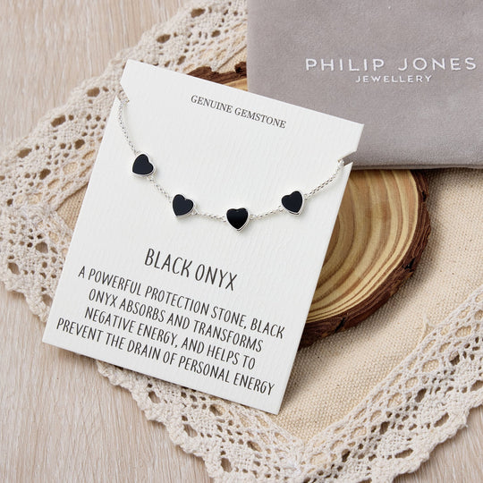 Black Onyx Gemstone Multi Heart Friendship Bracelet with Quote Card - Philip Jones Jewellery