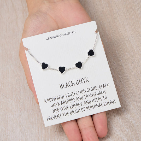 Black Onyx Gemstone Multi Heart Friendship Bracelet with Quote Card - Philip Jones Jewellery