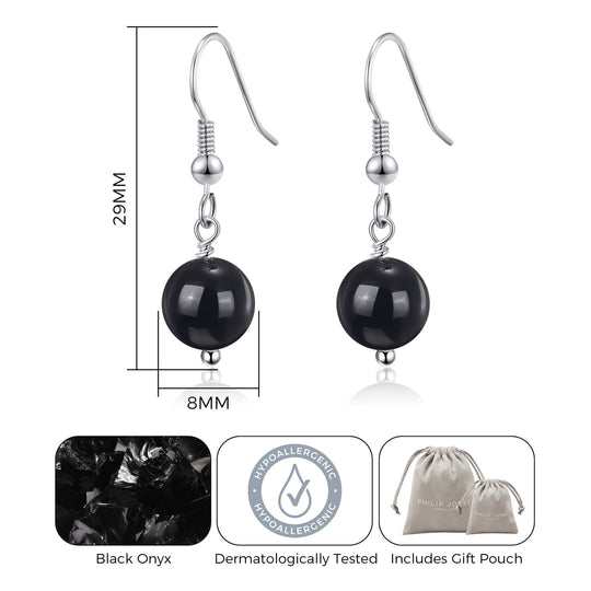 Black Onyx Gemstone Round Drop Earrings - Philip Jones Jewellery