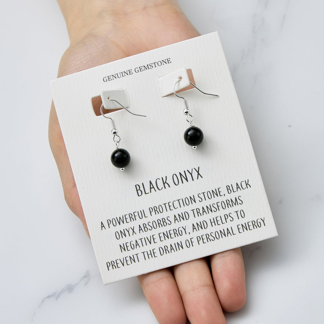 Black Onyx Gemstone Round Drop Earrings with Quote Card - Philip Jones Jewellery