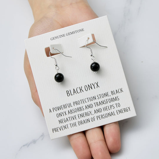 Black Onyx Gemstone Round Drop Earrings with Quote Card - Philip Jones Jewellery