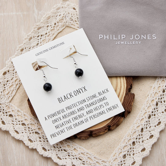 Black Onyx Gemstone Round Drop Earrings with Quote Card - Philip Jones Jewellery