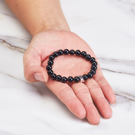 Black Onyx Gemstone Stretch Bracelet with Charm Created with Zircondia® Crystals - Philip Jones Jewellery
