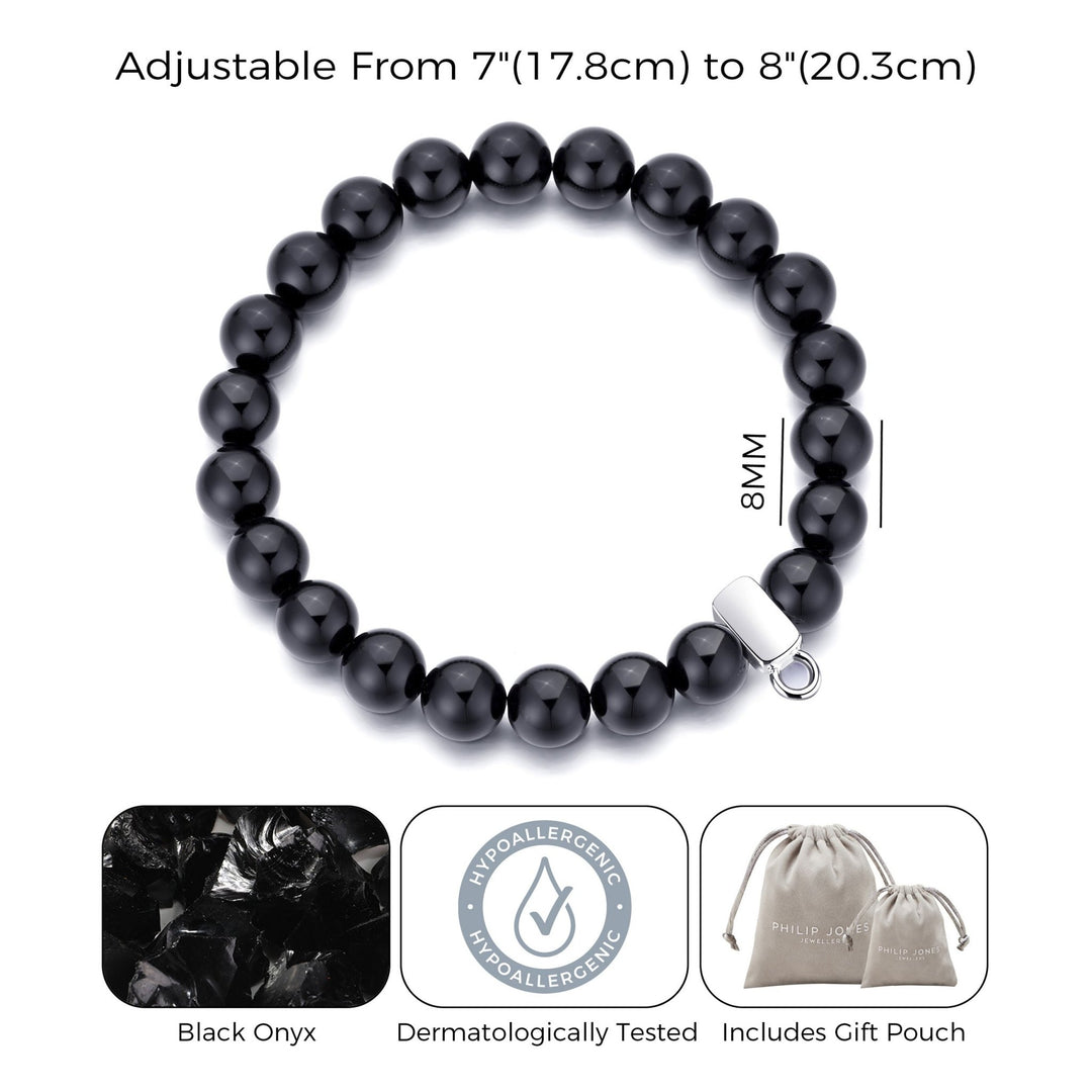 Black Onyx Gemstone Stretch Bracelet with Charm Created with Zircondia® Crystals - Philip Jones Jewellery