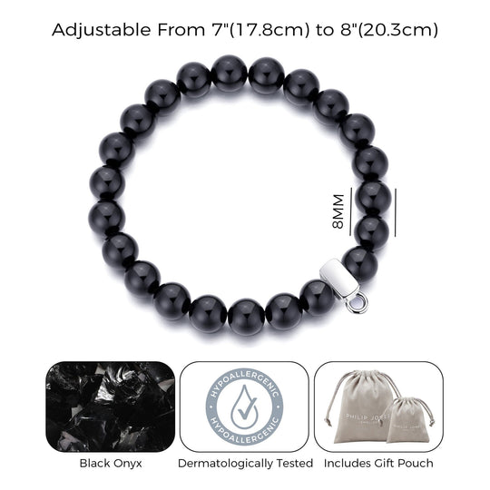 Black Onyx Gemstone Stretch Bracelet with Charm Created with Zircondia® Crystals - Philip Jones Jewellery