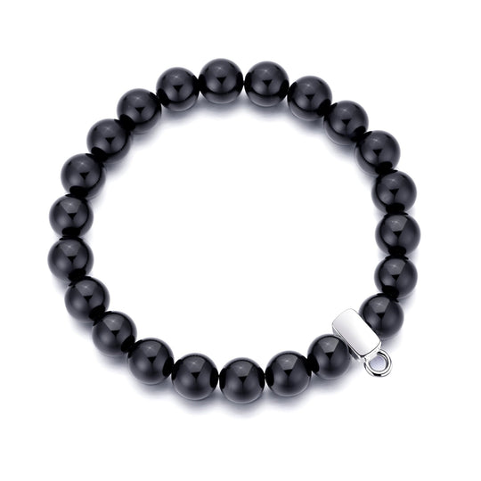 Black Onyx Gemstone Stretch Bracelet with Charm Created with Zircondia® Crystals - Philip Jones Jewellery