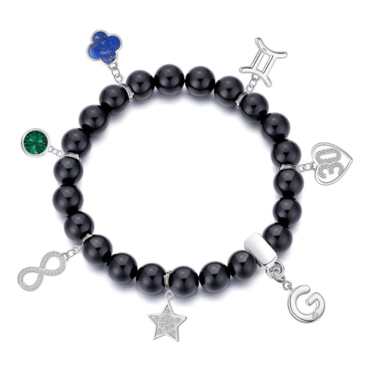 Black Onyx Gemstone Stretch Bracelet with Choice of Charms - Philip Jones Jewellery