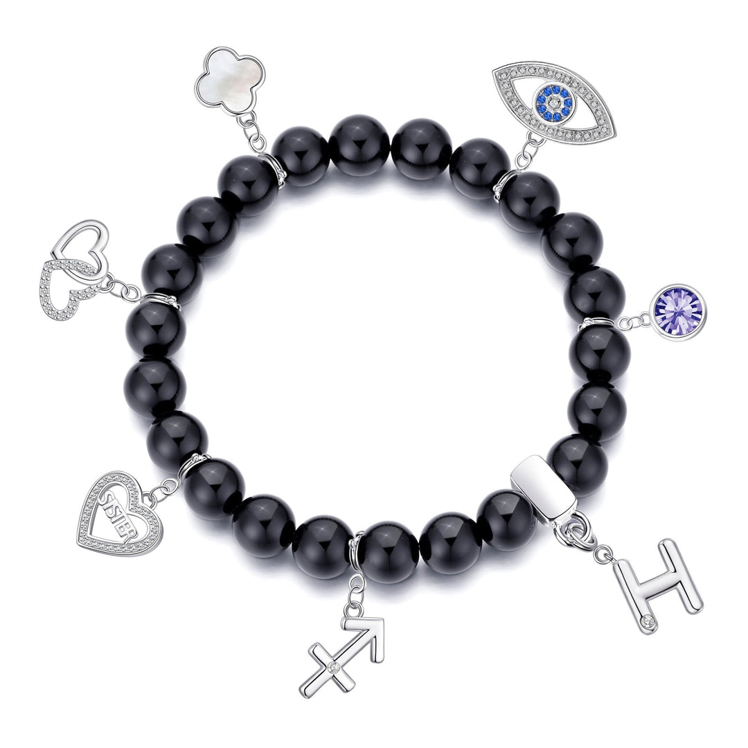 Black Onyx Gemstone Stretch Bracelet with Choice of Charms - Philip Jones Jewellery